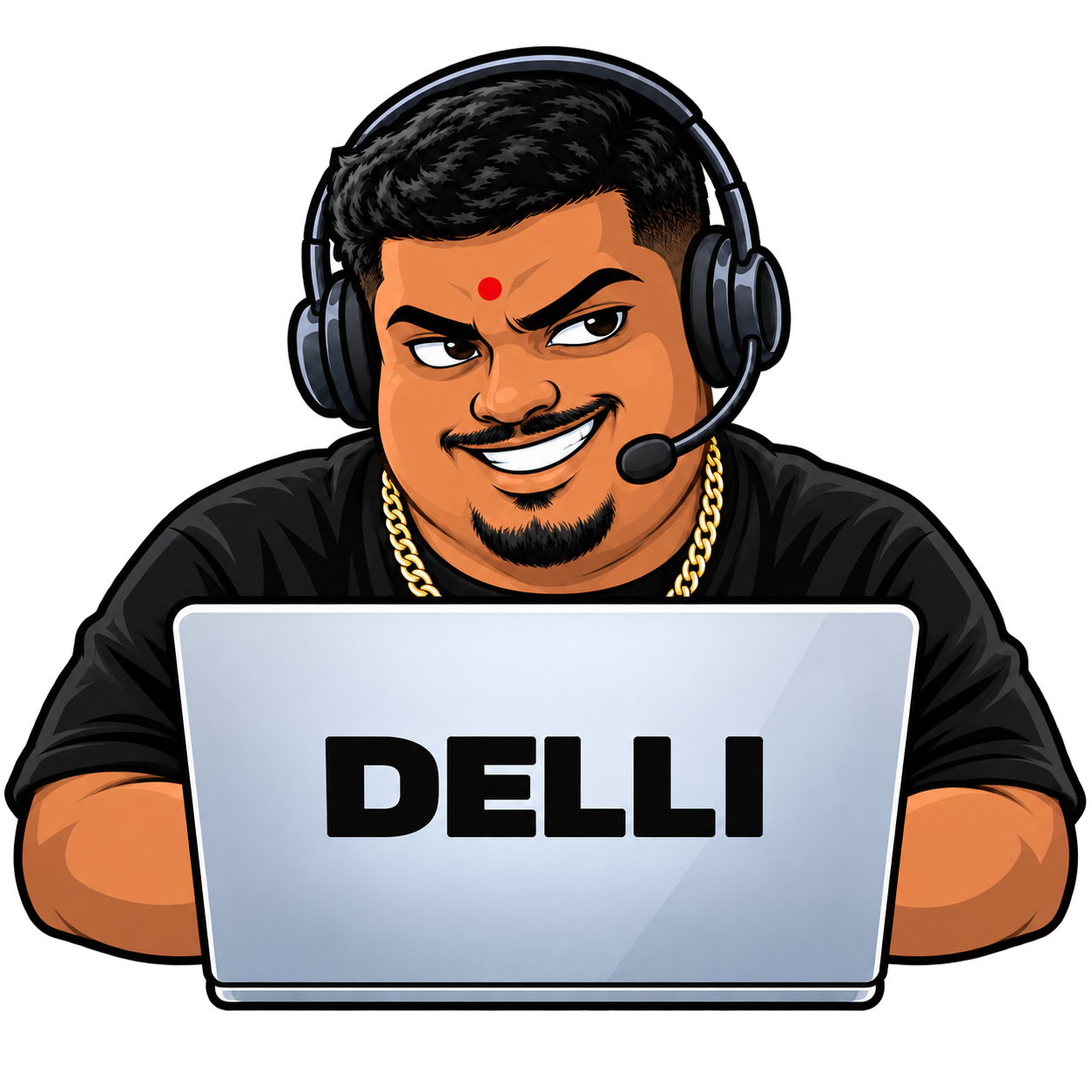 DELLI, a grinning fictional operator with a headset, gold chain and silver DELLI laptop